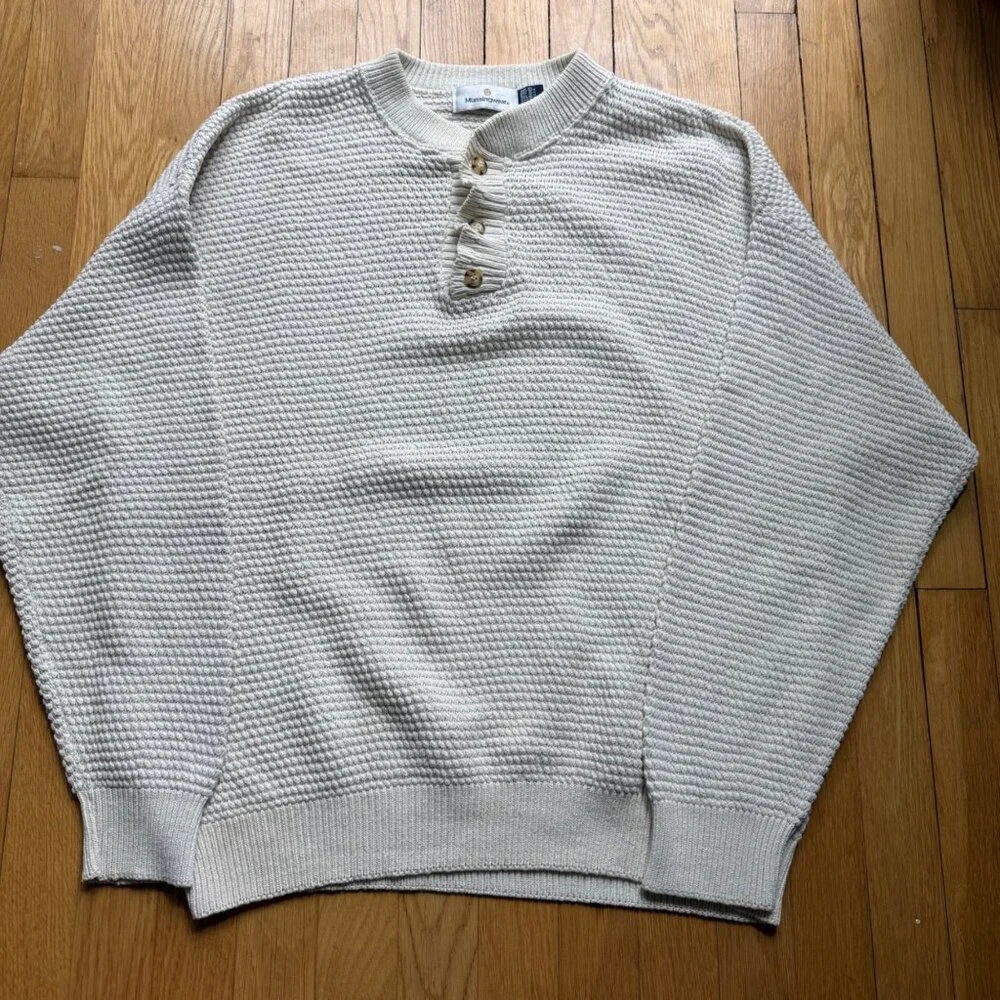 Vintage Henley Fisherman Pullover Sweater Munsingwear Size L Cream Waffle Knit